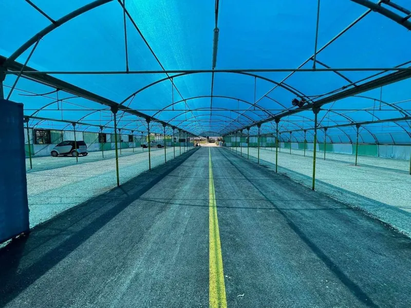 A shaded parking aisle at K1 Parking, with blue shade netting and the yellow centre line